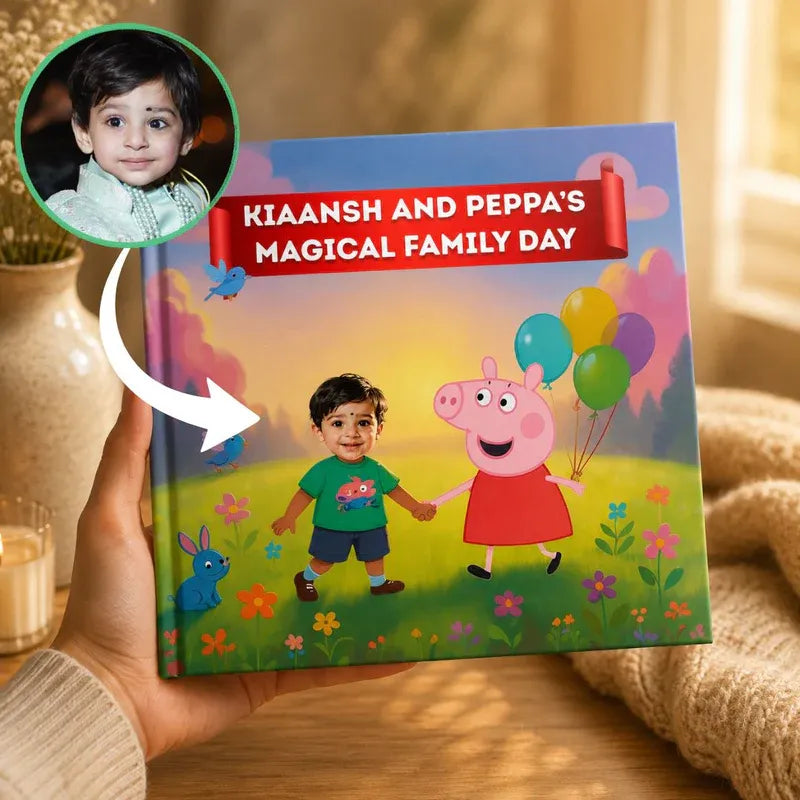 Children's book titled 'Kiaansh and Peppa's Magical Family Day' with a child's photo on top, held by a hand.