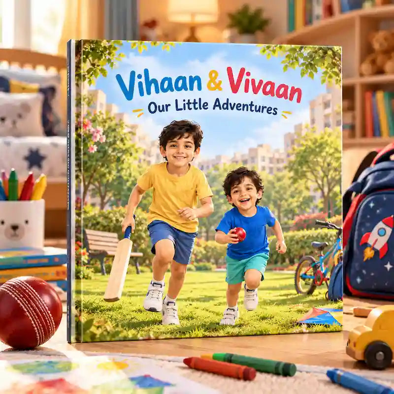 Personalized story book for siblings’ book cover titled Vihaan & Vivaan Our Little Adventures with two brothers running in a park