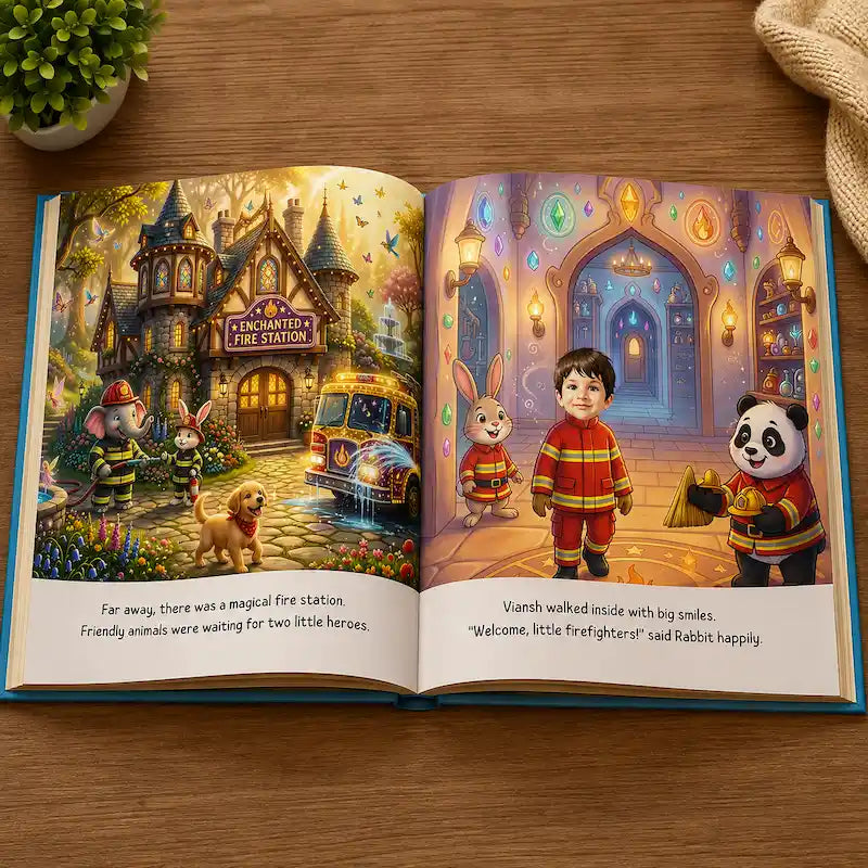 An open children's picture book lying on a wooden table, showing two illustrated pages with a whimsical fire station scene and a character in a firefighter outfit. A small potted plant and a knitted textile are visible around the book.