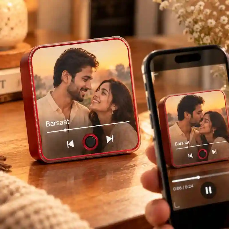 Woman Scanning Personalized Video Musical Fridge Magnet with Barsaat song on kitchen fridge
