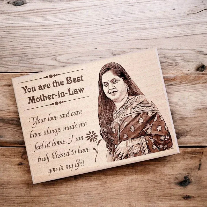 Personalized engraved wooden photo plaque for mother in law with blessed to have you quote and laser engraved photo – premium wood gift