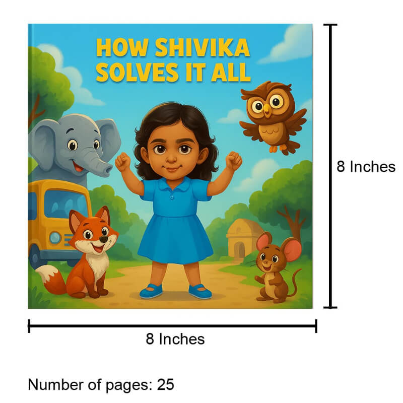 Book cover of 'How Shivika Solves It All' with a girl, animals, and dimensions.