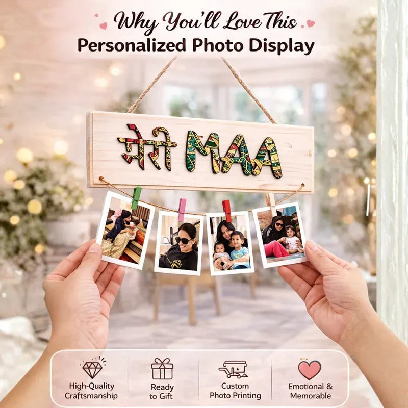 Personalized photo display mothers day with 'Maa' text and small photos, held by hands against a blurred indoor background.