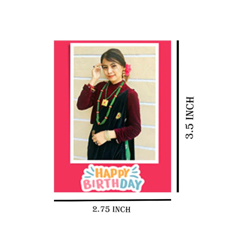 Card with a photo of a person and 'Happy Birthday' text, dimensions indicated.