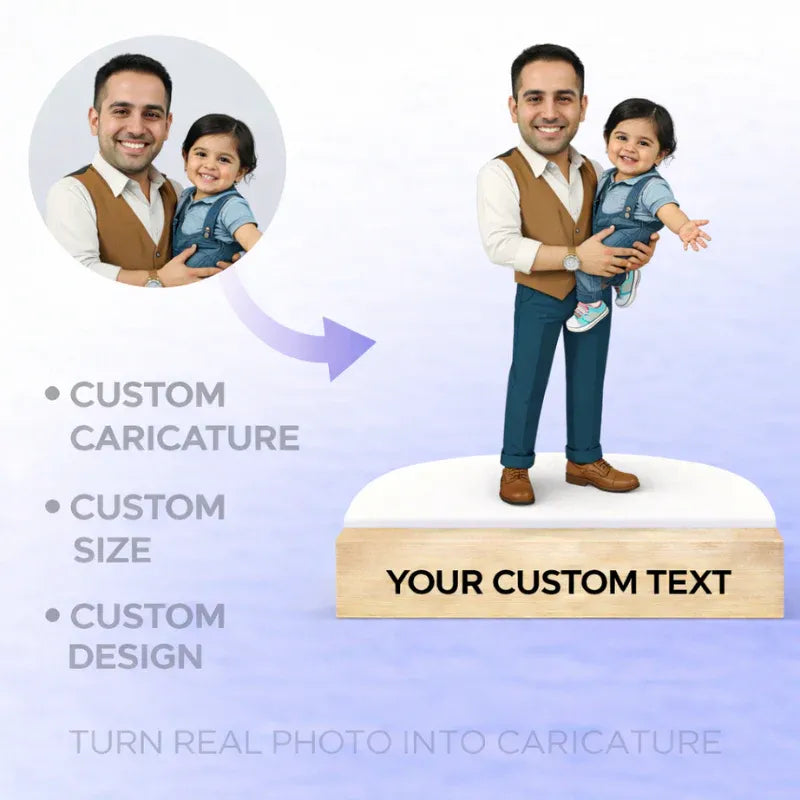 Turn real photo into dad and daughter caricature with MDF cut and personalised wooden base text