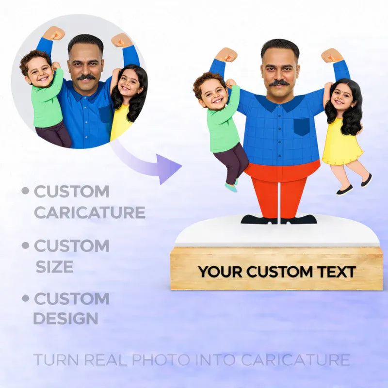 Turn real photo into dad and kids caricature with MDF cutout and personalised wooden base