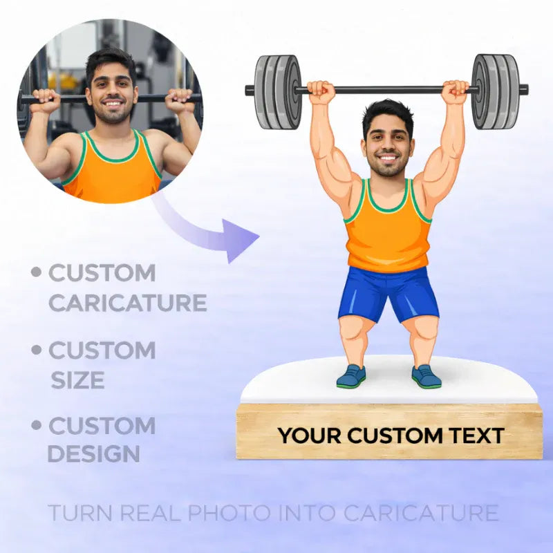 Turn real photo into male gym shoulder press caricature with MDF cutout and personalised wooden base