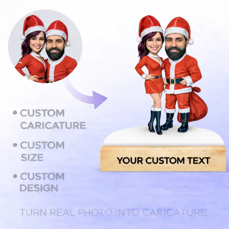 Turn real photo into Santa Claus couple caricature with MDF cutout and personalised wooden base