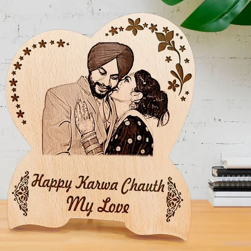 karwa chauth photo frame gift for wife - engraved wooden couple photo frame with turban groom