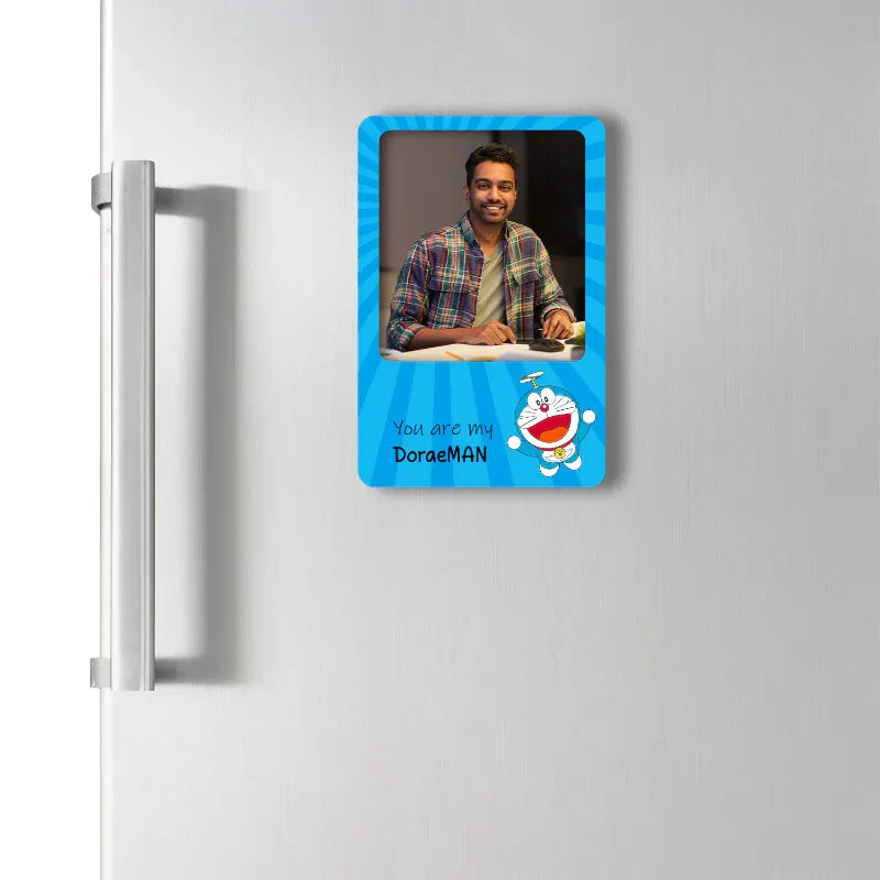 Fridge magnet with a cartoon character on a refrigerator door