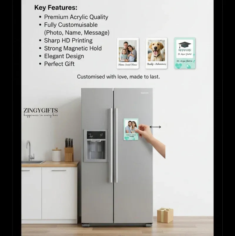 Fridge with customizable photo magnet on a kitchen wall, featuring ZingyGifts