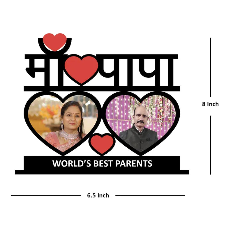 Decorative photo frame with hearts and 'World's Best Parents' text, featuring two people inside the hearts.