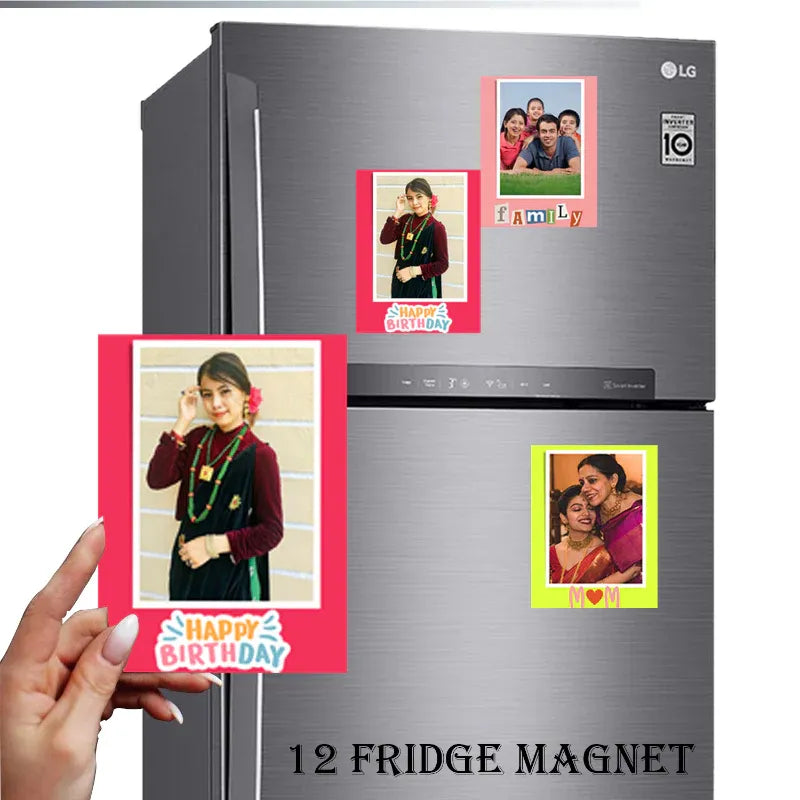 LG refrigerator with family photos and magnets on a white background