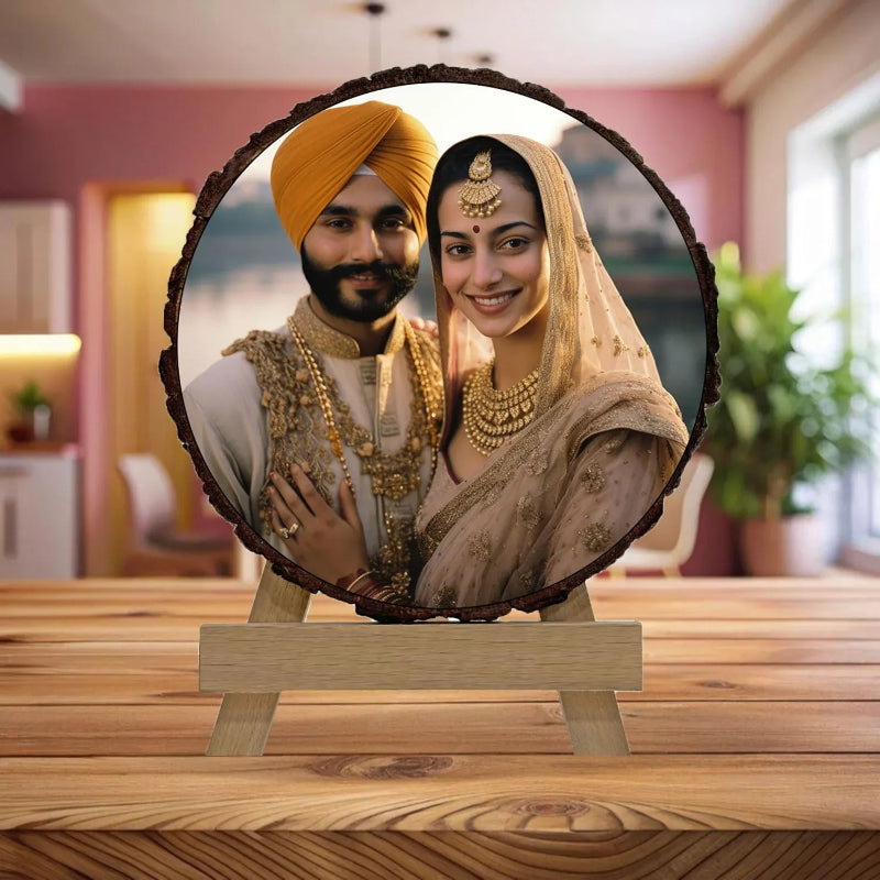 Decorative mirror with a couple in traditional attire on a wooden stand.