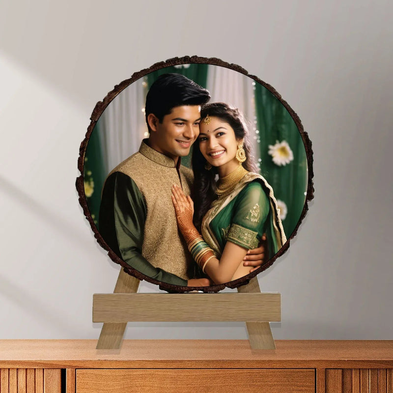 Round photo plaque with a couple on a wooden stand against a white wall.