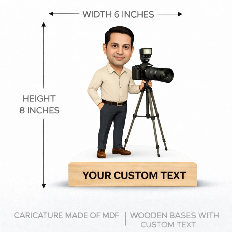 6 x 8 inch custom MDF photographer caricature with wooden base and custom text – size and dimension reference for personalized photographer caricature gift.