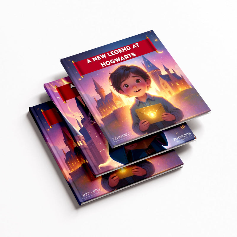 Stack of books titled 'A New Legend at Hogwarts' with a colorful cover featuring a character and castle.