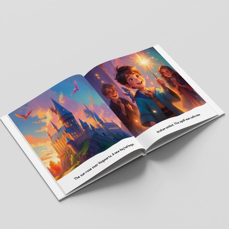 Open book with colorful illustrations of children and a castle on a gray background