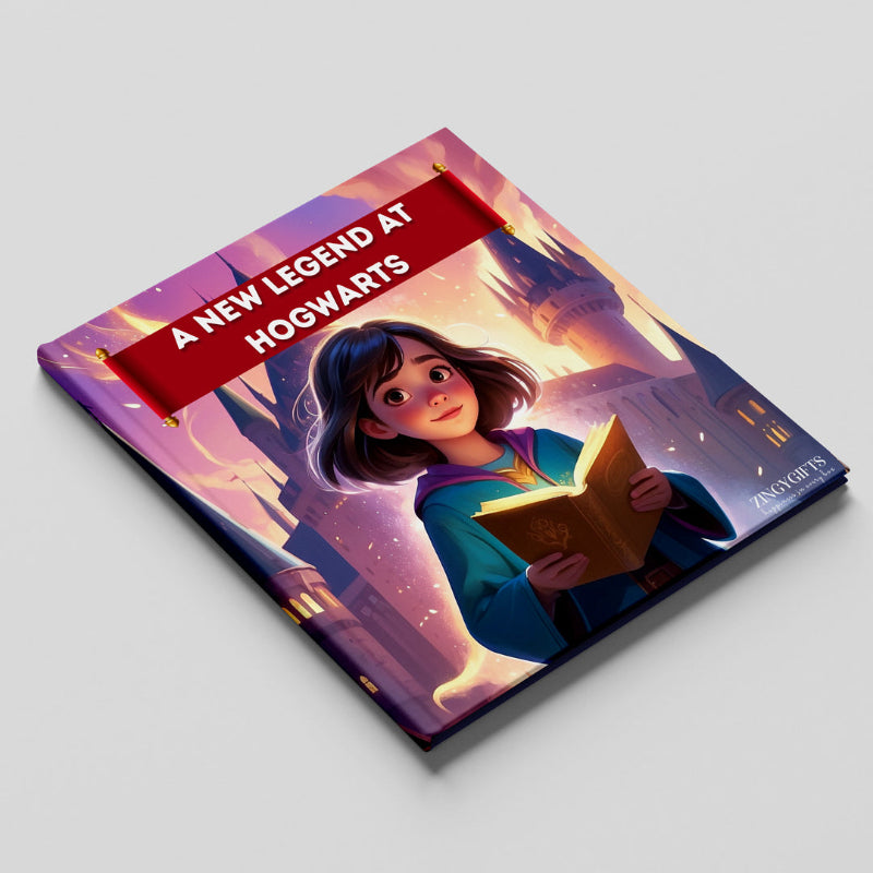 Book titled 'A New Legend at Hogwarts' with a character holding a book on the cover.