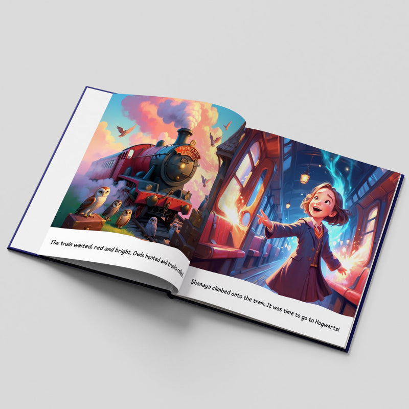 Open book with illustrated pages of a train and a character, on a light gray background
