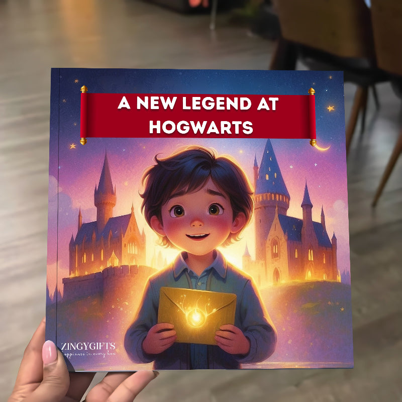Book titled 'A New Legend at Hogwarts' held by a person with a castle and envelope illustration on the cover.