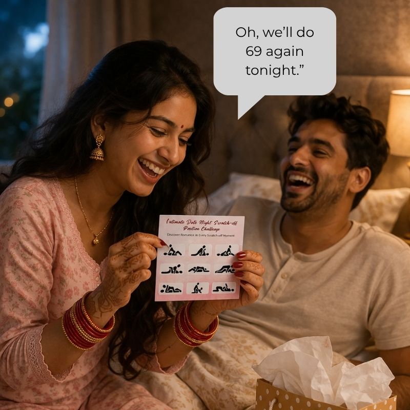 Couple laughing together with a card in a cozy indoor setting.