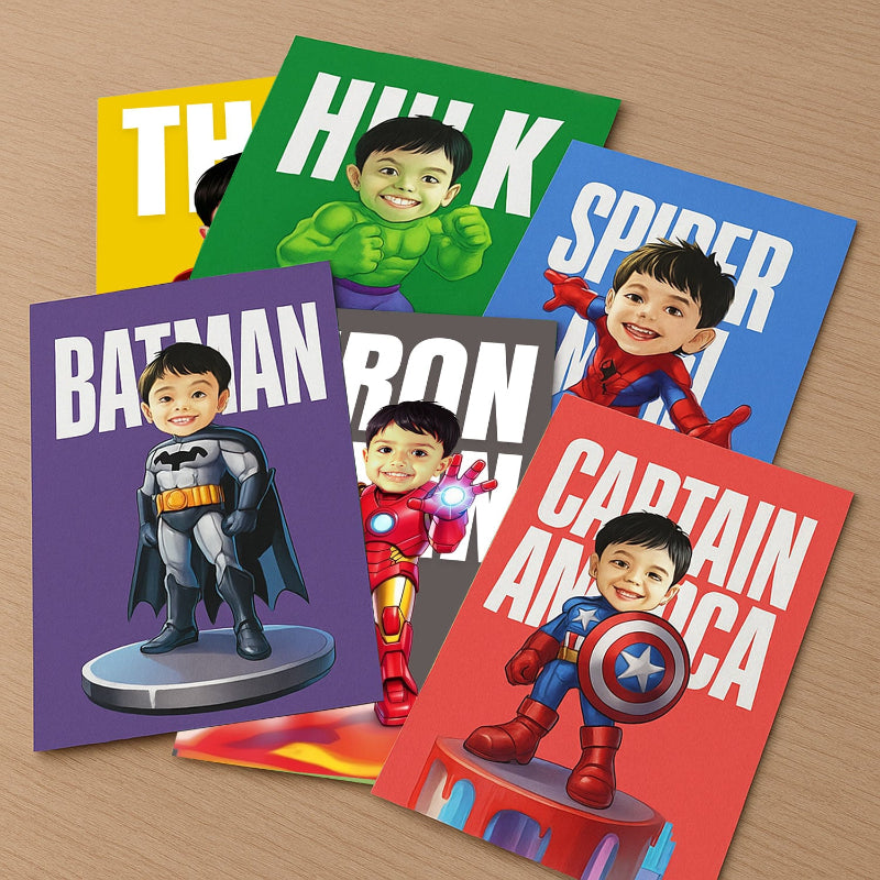 Superhero-themed posters featuring cartoon characters on a wooden surface