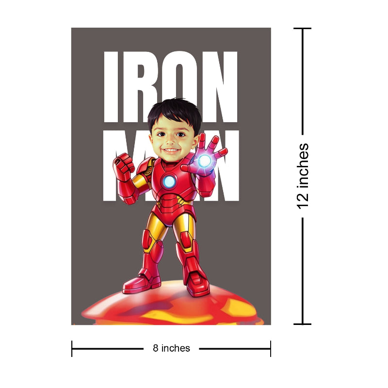 Iron Man character with dimensions on a gray background
