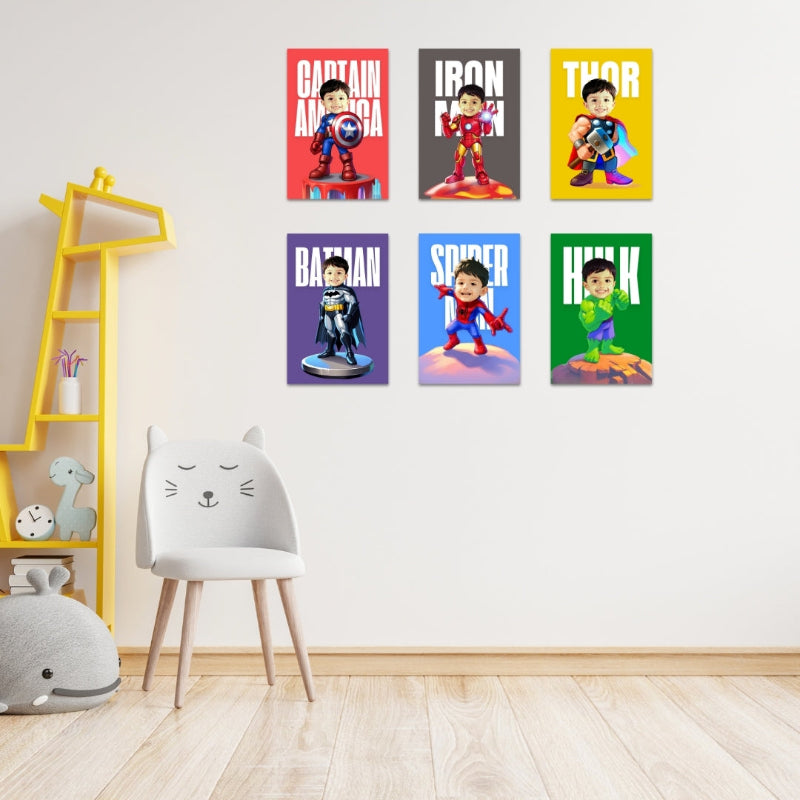 Colorful superhero posters on a wall with a chair and shelves in a room.