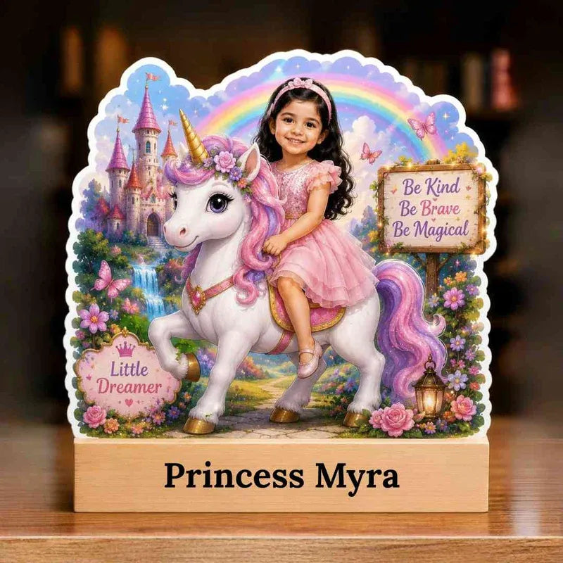 Decorative plaque with a girl riding a unicorn, surrounded by fantasy elements like a castle and rainbow.