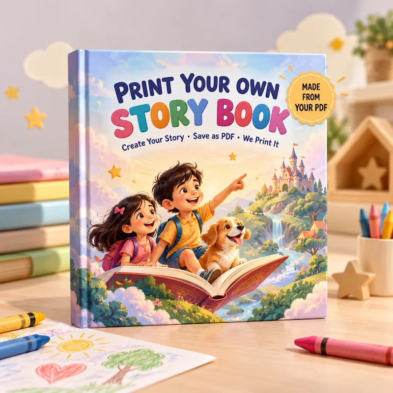Print your own story book hardcover with a children’s adventure cover, made from your PDF.