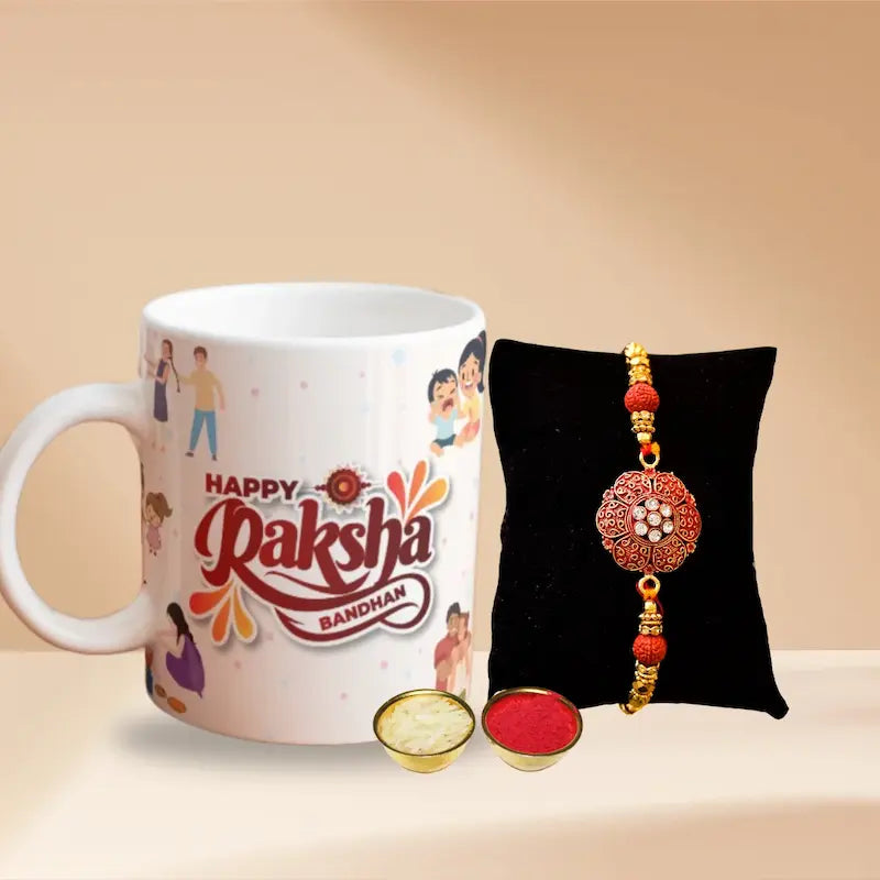 Rakhi combo gift set with elegant rakhi mug and gourmet delights for raksha bandhan.