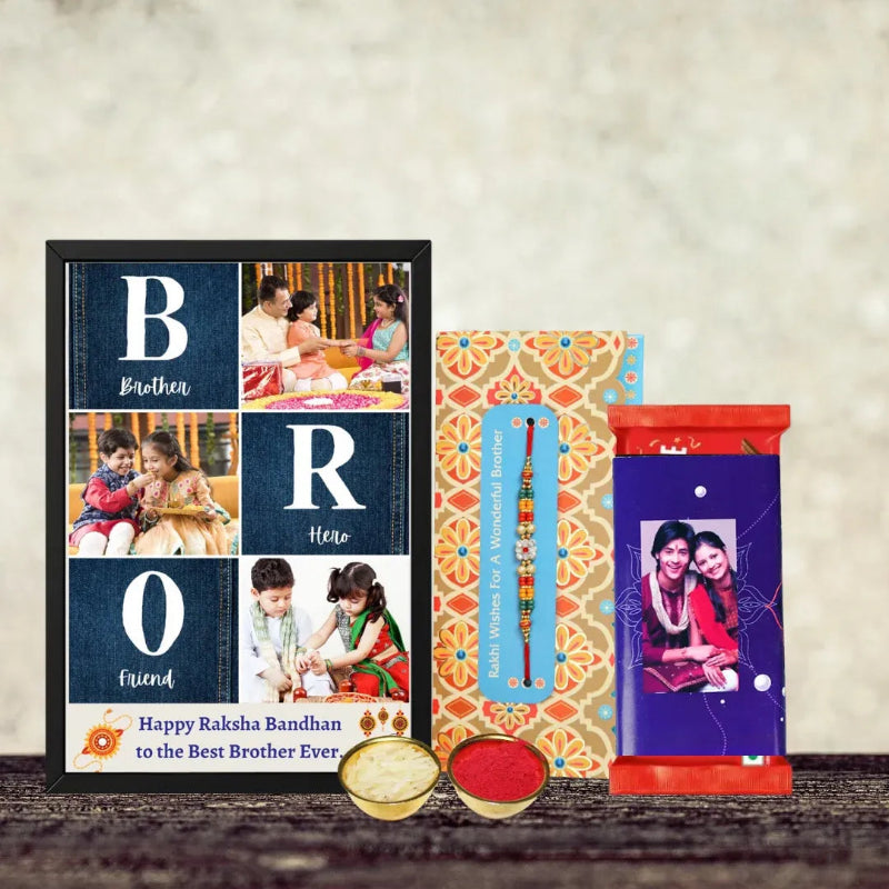 Rakhi gift hamper for brother with personalized photo frame chocolate and rakhi set
