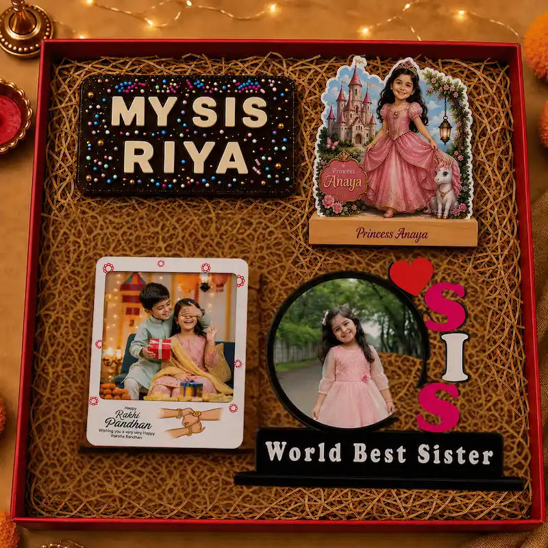 A personalized gift box set for a sister, featuring a black plaque with 'MY SIS RIYA' in glittery letters, a princess-themed photo frame, a custom photo card, a circular photo frame, and a pink 'SIS' sign on a tan woven mat inside a red box.