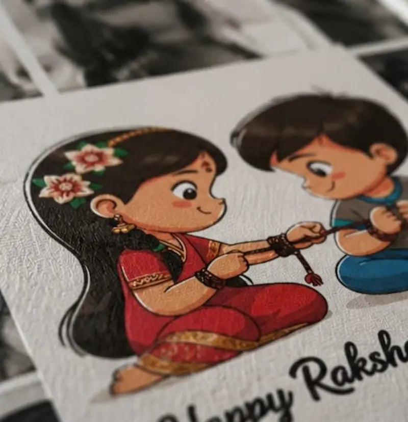 A close-up of a printed illustration on a white card featuring a cartoon girl in a red traditional outfit and a boy in a blue outfit, with partial text reading 'Happy Raksh' visible. The card is photographed against a blurred background of other cards.