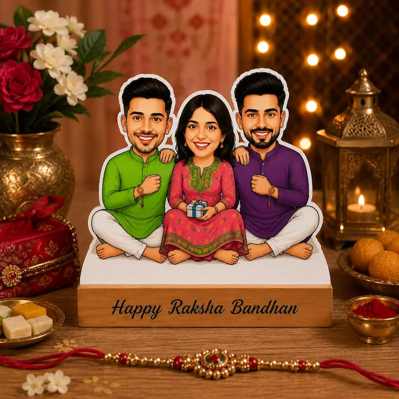 A personalized Rakhi Bandhan cardboard cutout standee featuring three cartoon-style children, displayed on a wooden surface surrounded by festive decorations including a red and gold Rakhi, sweets, flowers, and warm string lights.