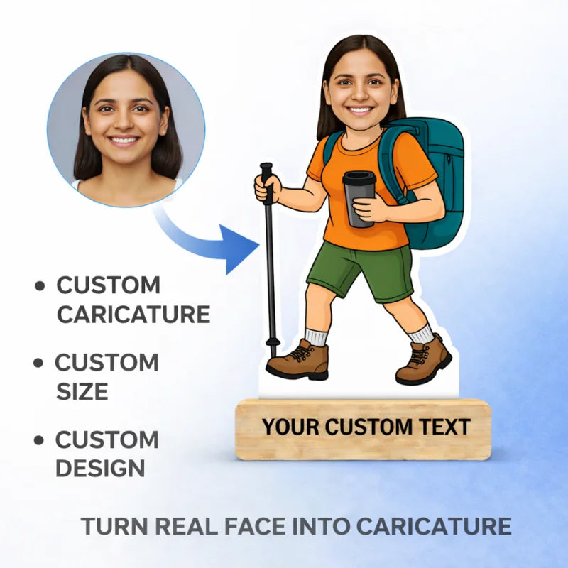 Turn real face into custom lady traveller caricature on MDF standee with wooden base and personalized text
