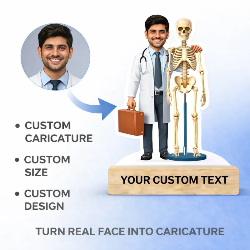 Turn real face into orthopedic doctor caricature on MDF standee with wooden base and custom name text
