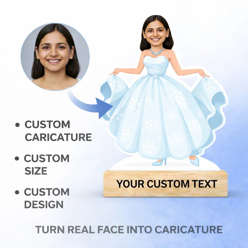 Turn real face into princess girl caricature on MDF standee with wooden base and custom text
