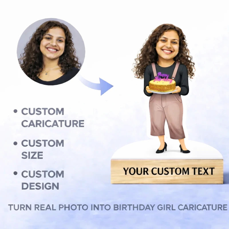 Turn real photo into birthday girl caricature with exact face matching, personalized MDF caricature with wooden base