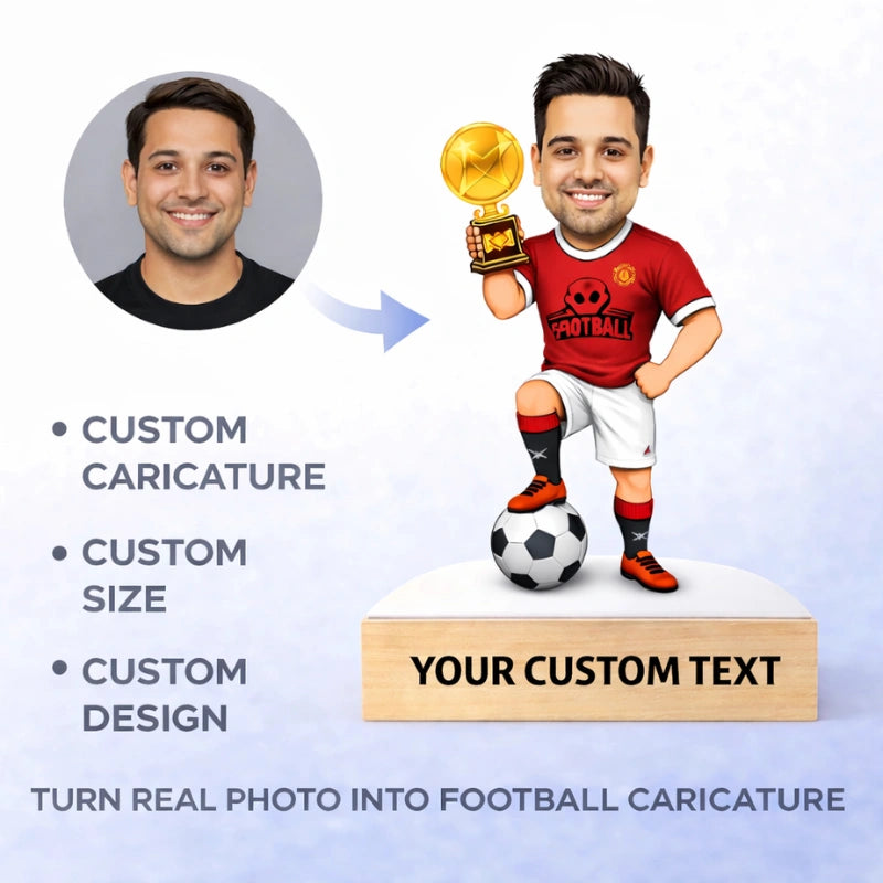 Turn real photo into football caricature with exact face matching, personalized MDF caricature with wooden base