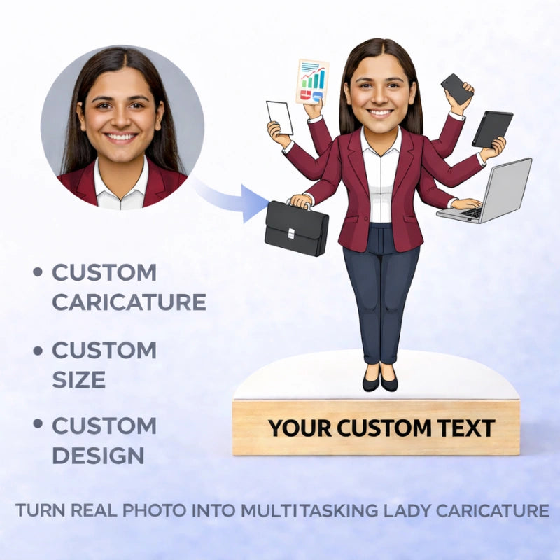 Turn real photo into multitasking lady caricature with exact face matching, personalized MDF caricature with wooden base