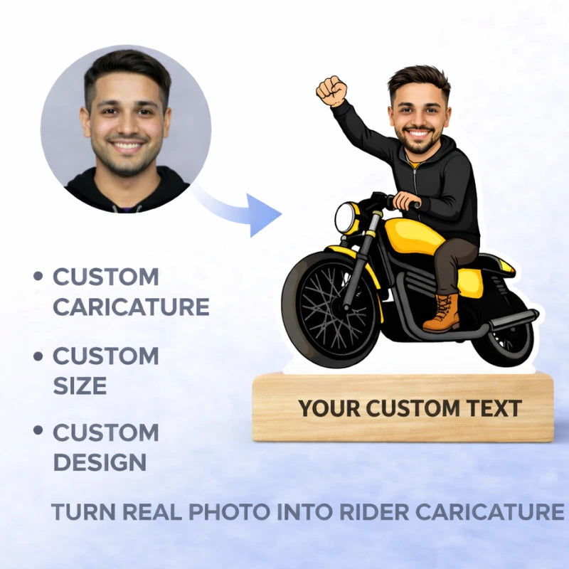 Turn real photo into rider caricature with exact face matching, custom MDF caricature with wooden base