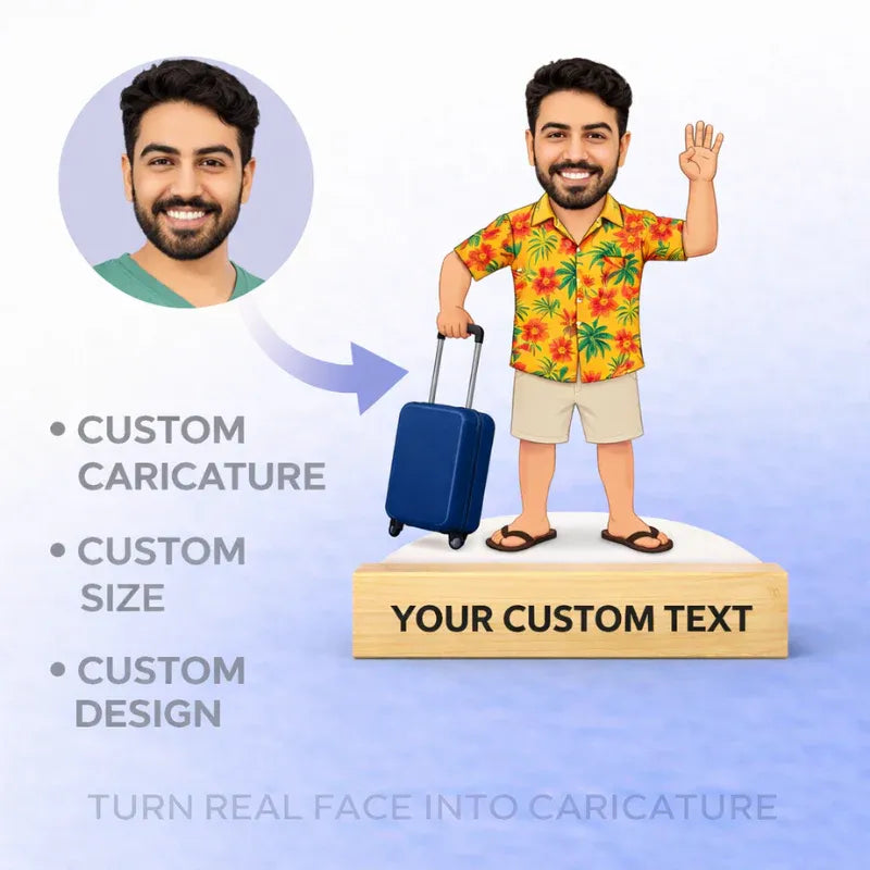Turn real photo into a travel lover caricature with custom MDF cutout, wooden base, and personalized text for gifting