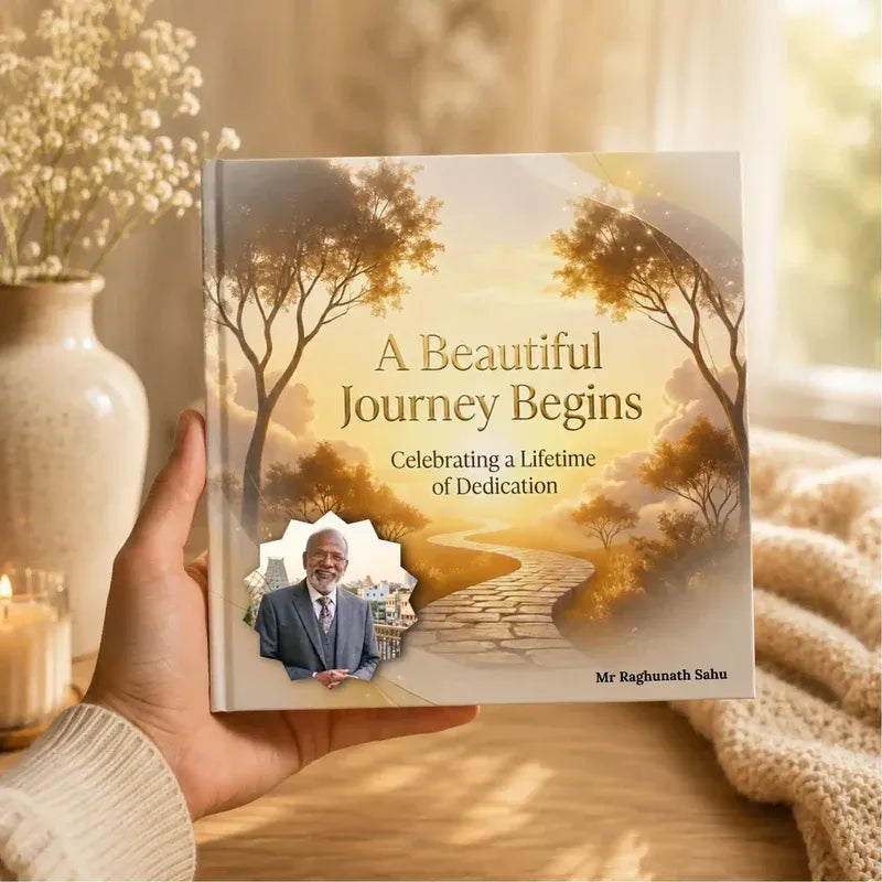 Book titled 'A Beautiful Journey Begins' held by a hand with a scenic cover and a person's photo.