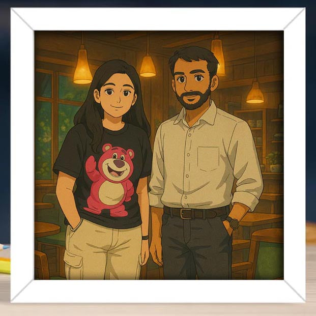A personalized Ghibli style photo frame with an illustration of a couple, with a inset photo of the actual couple used as a model for the artwork.