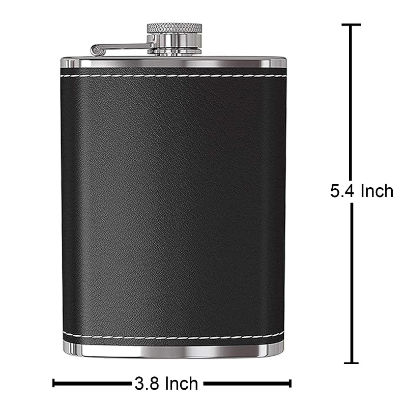 Black leather flask with silver accents and dimensions displayed on a white background