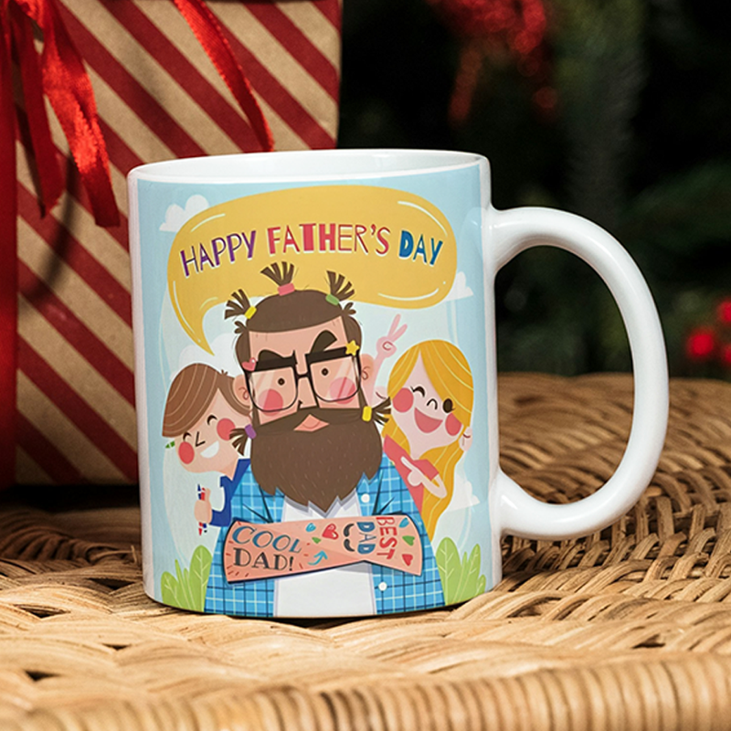 A multicolored mug with an illustration of a bearded man and two children, with the text 'Happy Father's Day!' and the word 'DAD' at the bottom.