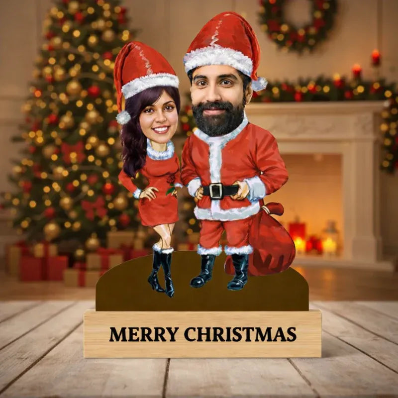 Personalised Santa Claus couple caricature made from MDF with wooden base and custom text – Christmas gift in India