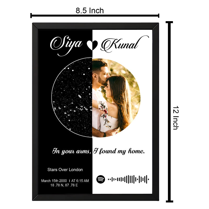 Personalized photo frame with a couple's name, a heart symbol, and a quote. It also includes a circular photo of a couple and text about their location.